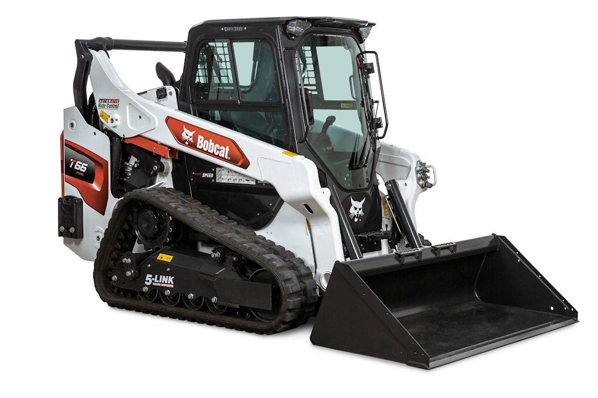 Bobcat T66 compact track loader with its bucket resting on the ground